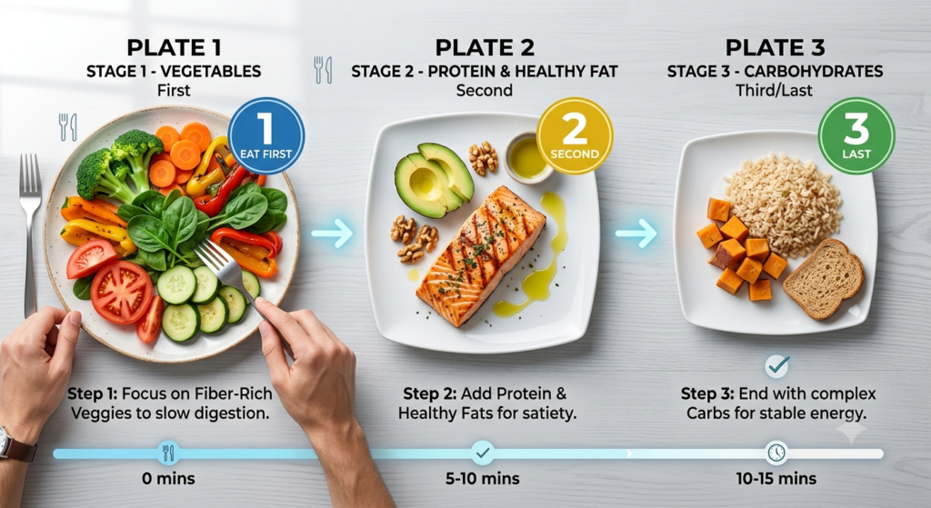 Correct eating order: first vegetables, then protein, finally carbohydrates