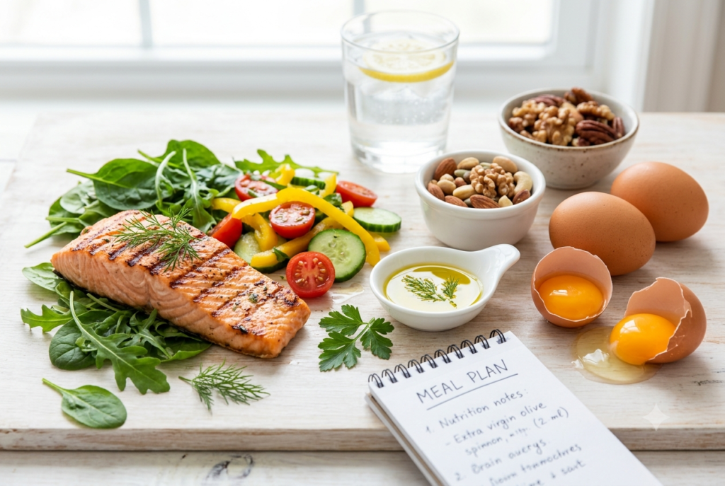 Recommended foods for diabetics: fish, eggs, leafy vegetables, and nuts
