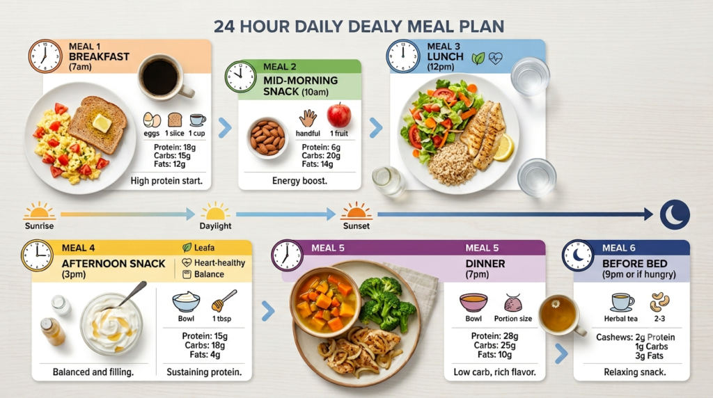 Daily meal plan for diabetes management with meals and times