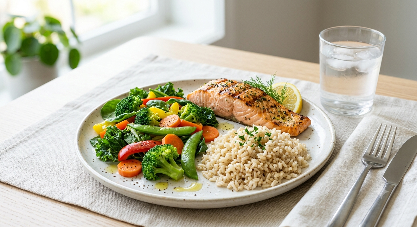 Balanced plate with vegetables, protein, and carbohydrates for diabetes control